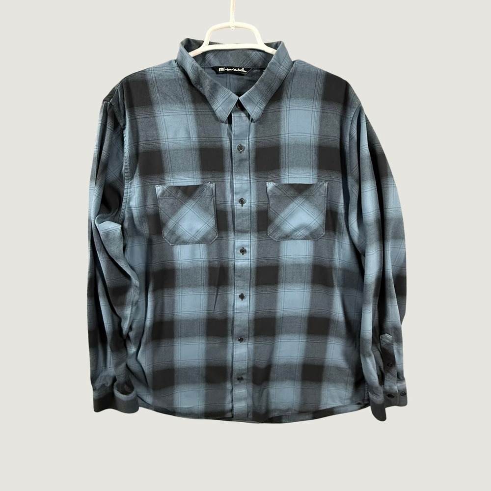 TravisMathew Mens XL Blue Black Plaid Flannel Button Up Shirt Long Sleeve Cotton
